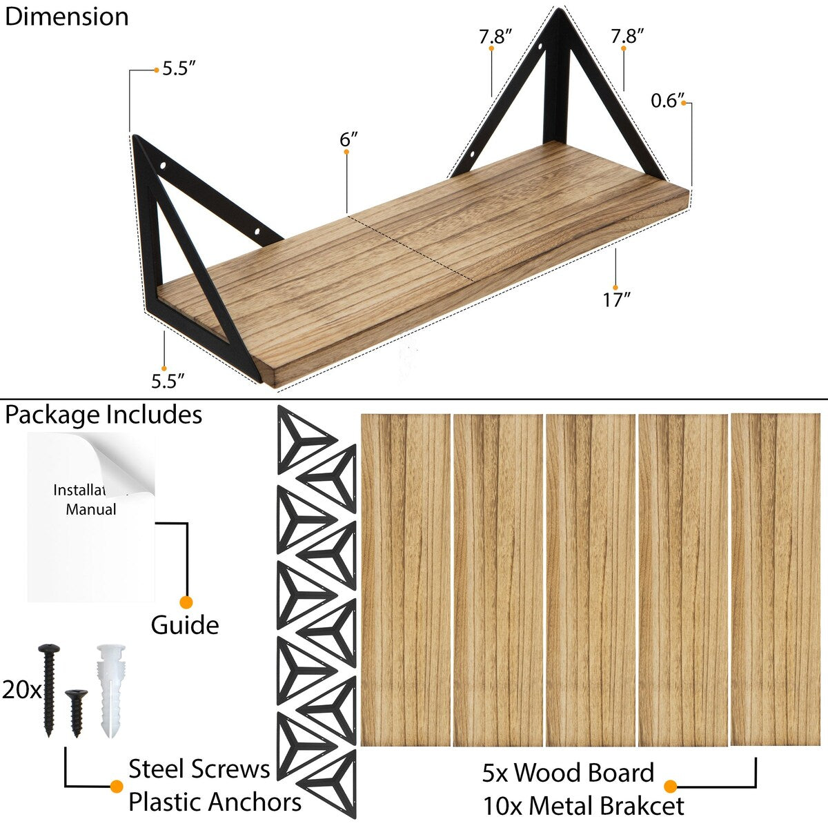 Wallniture Minori Wood Floating Shelves, Rustic Floating Bookshelf Set of 5