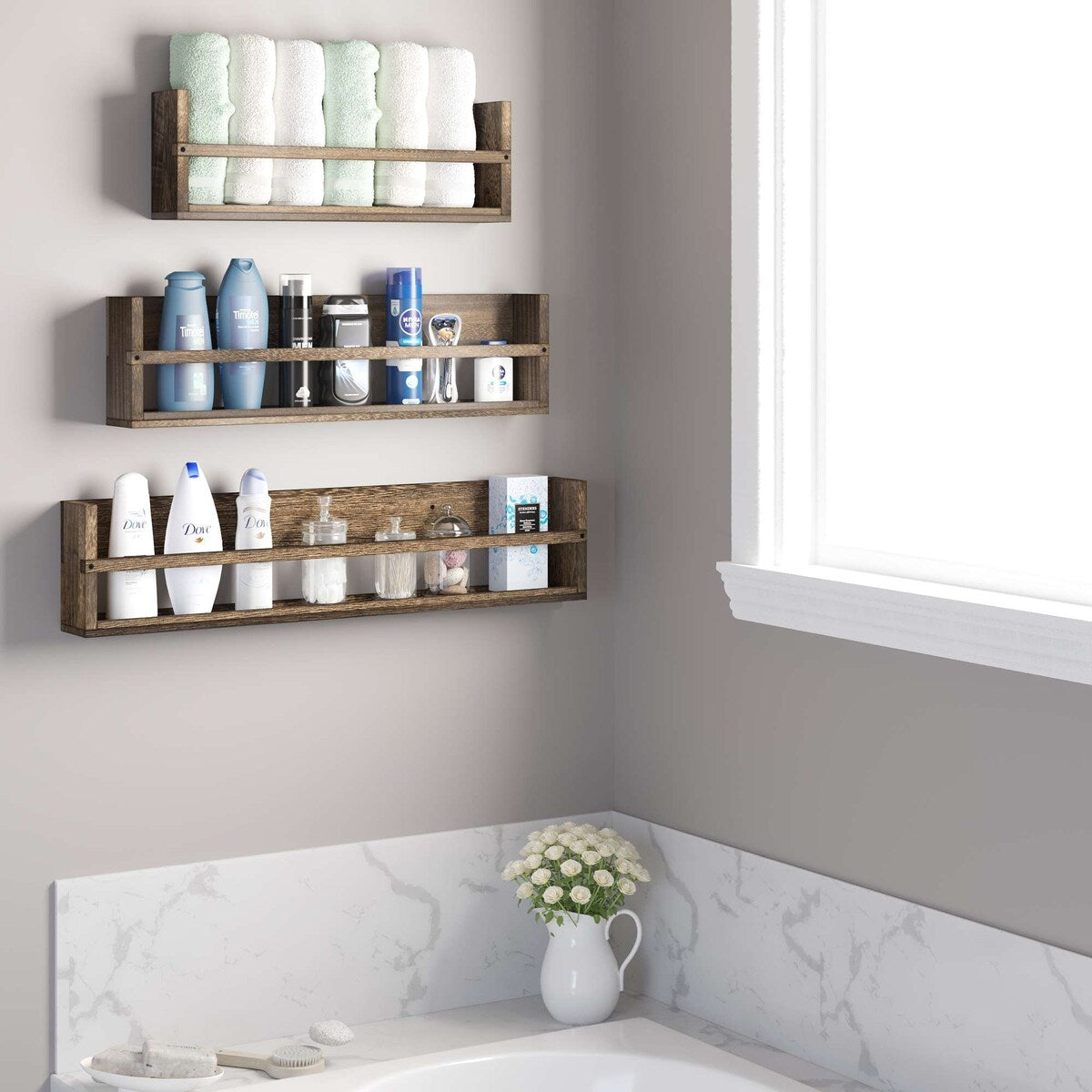 Wallniture Polynez Multisize Rustic Wood Wall Shelves, Functional Wall Shelves, Wall Mounted Shelving for Books, Set of 3