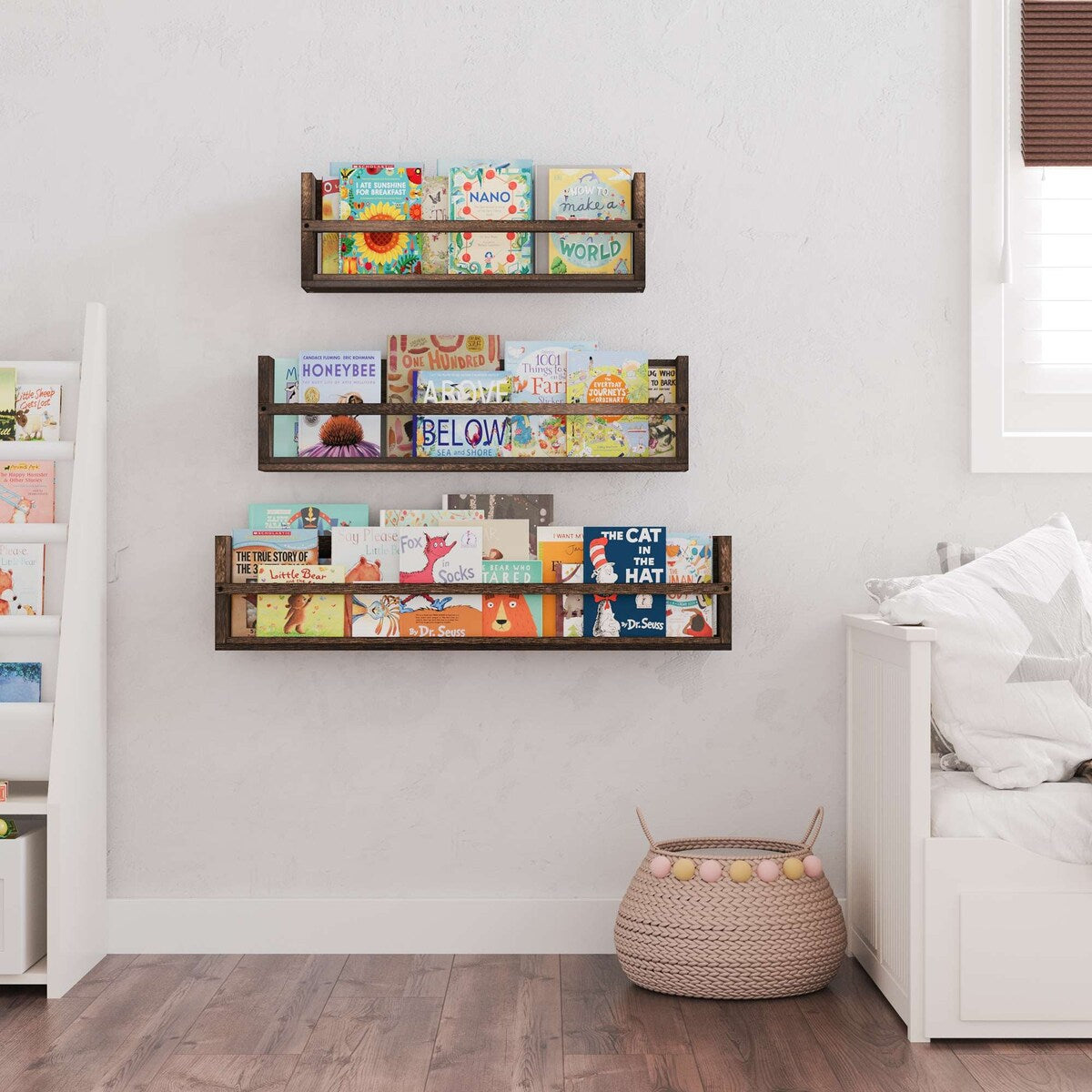 Wallniture Polynez Multisize Rustic Wood Wall Shelves, Functional Wall Shelves, Wall Mounted Shelving for Books, Set of 3