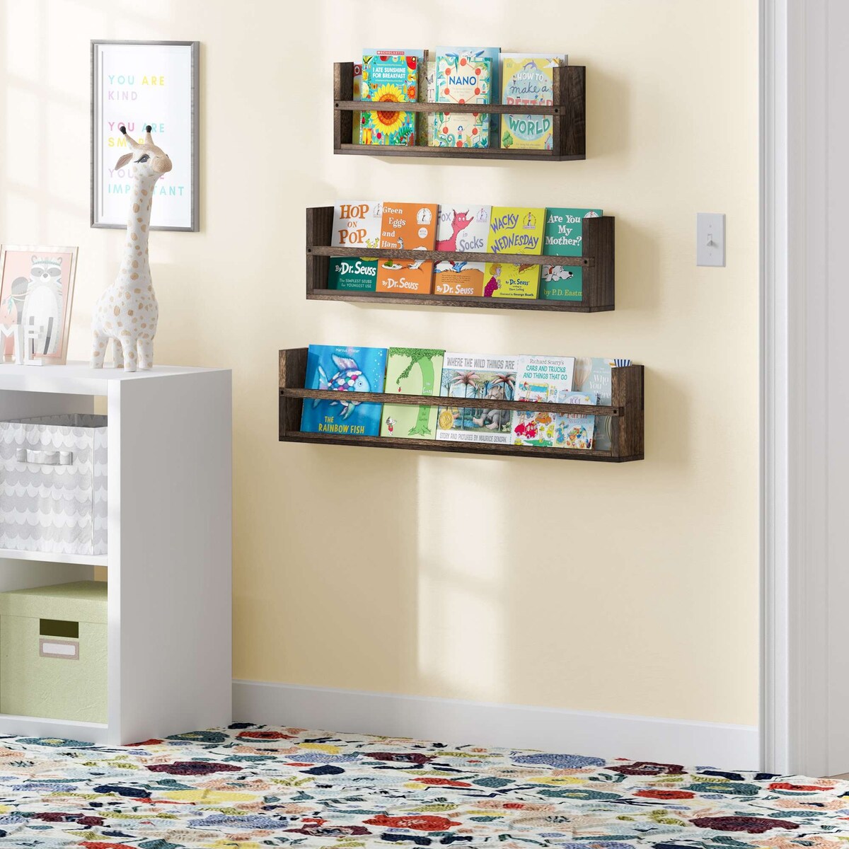Wallniture Polynez Multisize Rustic Wood Wall Shelves, Functional Wall Shelves, Wall Mounted Shelving for Books, Set of 3