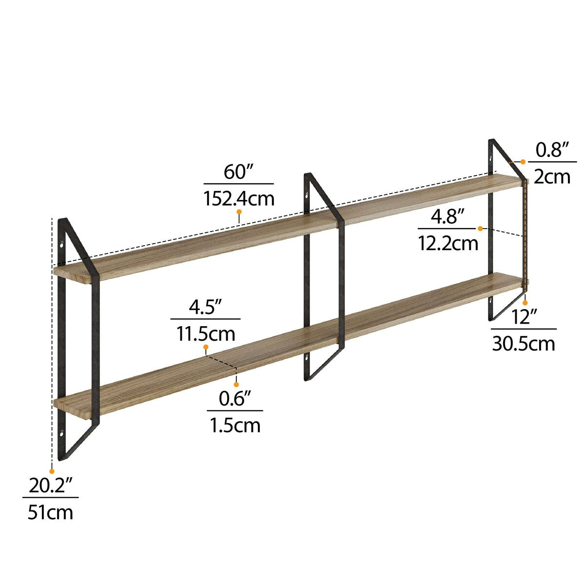 Wallniture Ponza 60" Floating Shelves, 2-Tier Wall Bookshelf, Burnt, Wood