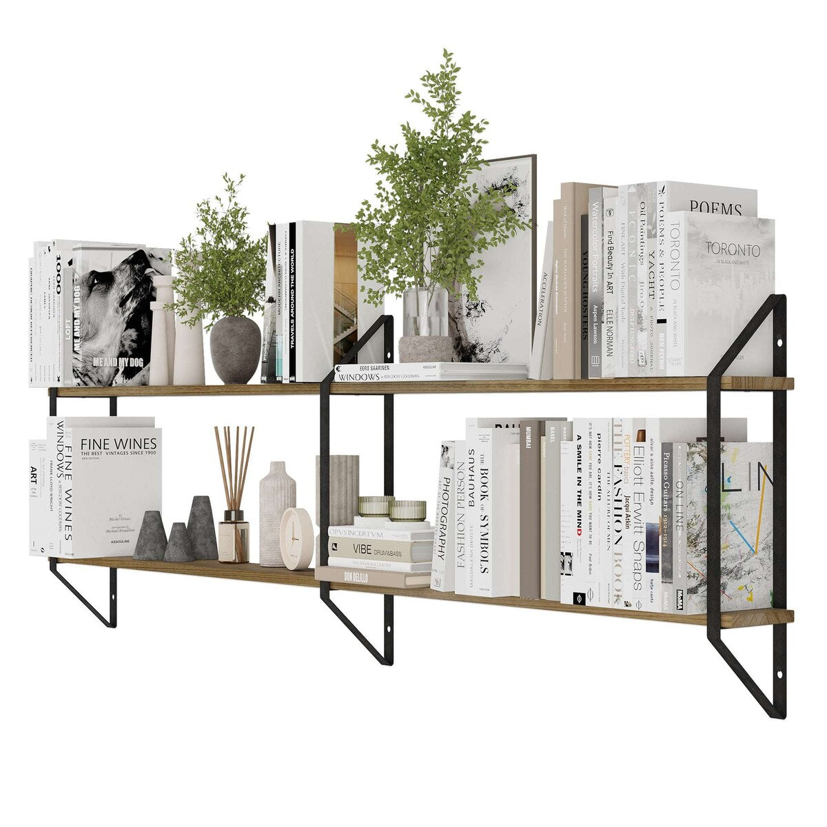 Wallniture Ponza 60" Floating Shelves, 2-Tier Wall Bookshelf, Burnt, Wood