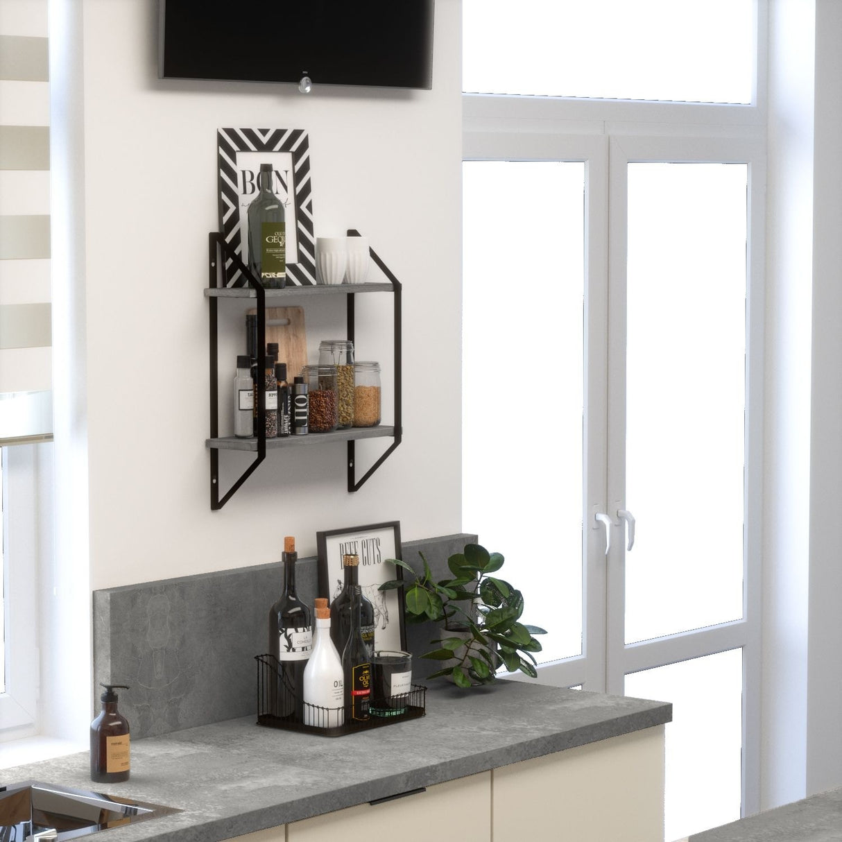 Wallniture Portofino 2-Tier Wood Shelf for CD DVD Storage, Living Room Wall Decor, Gray