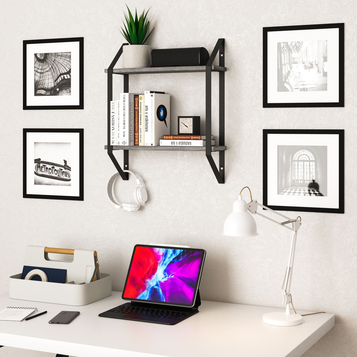 Wallniture Portofino 2-Tier Wood Shelf for CD DVD Storage, Living Room Wall Decor, Gray
