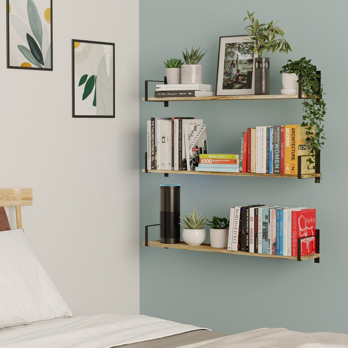 Wallniture Toledo 36" Solid Wood Floating Bookshelf Set of 3, Burned Finish