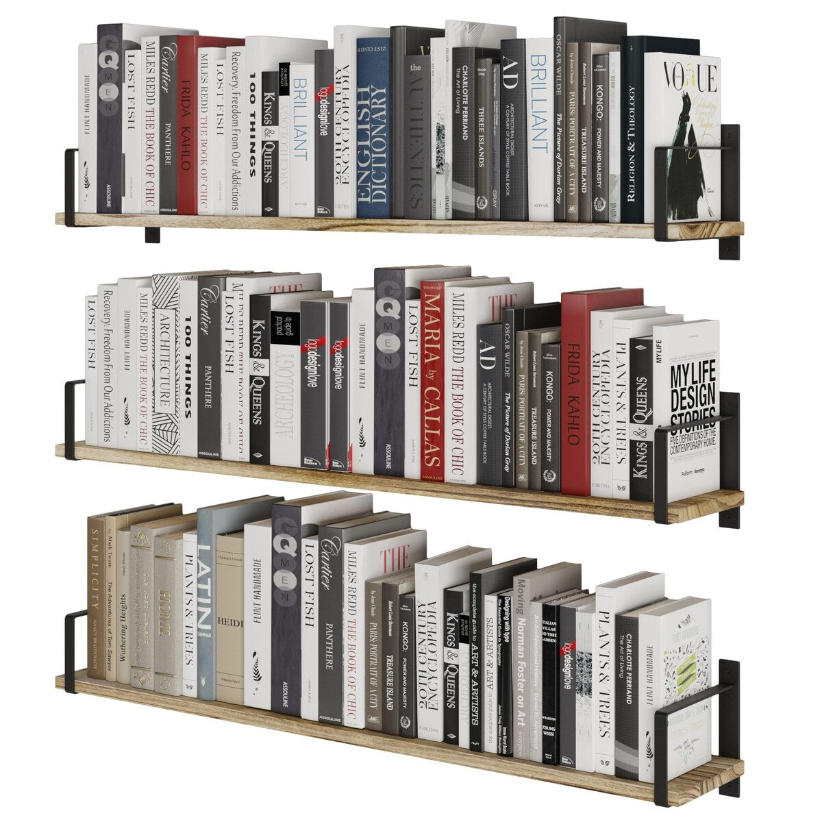 Wallniture Toledo 36" Solid Wood Floating Bookshelf Set of 3, Burned Finish