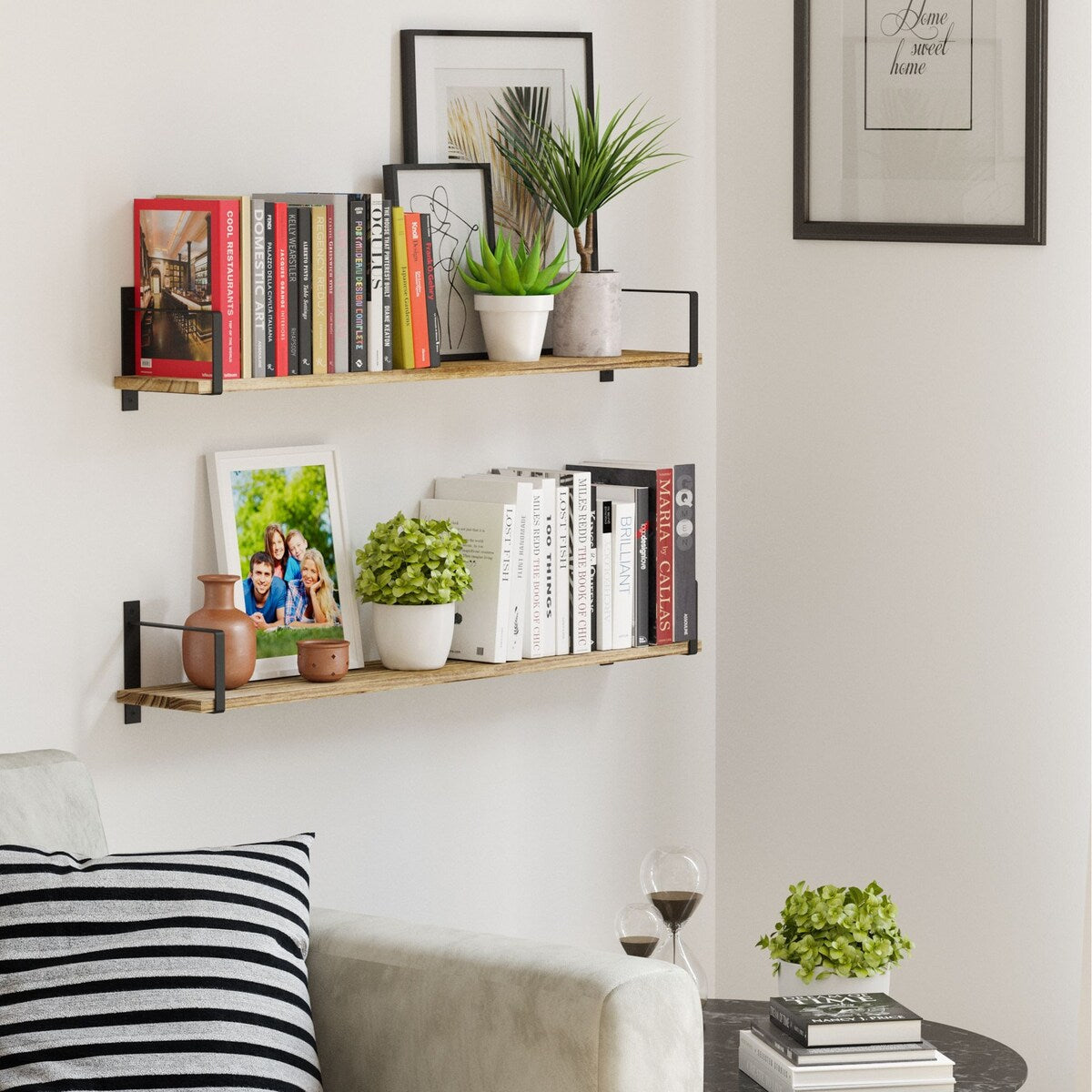 Wallniture Toledo 36" Solid Wood Floating Bookshelves, Burned Finish, Set of 2