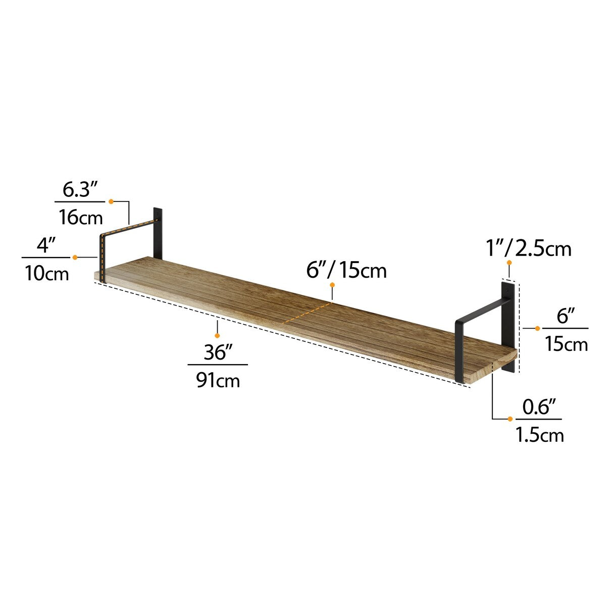 Wallniture Toledo 36" Solid Wood Floating Bookshelves, Burned Finish, Set of 2