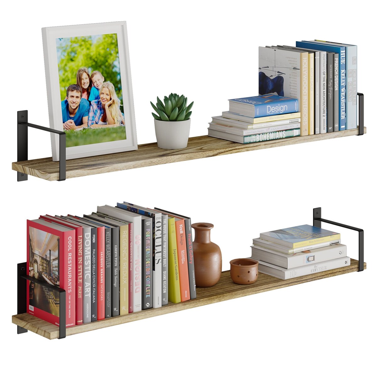 Wallniture Toledo 36" Solid Wood Floating Bookshelves, Burned Finish, Set of 2