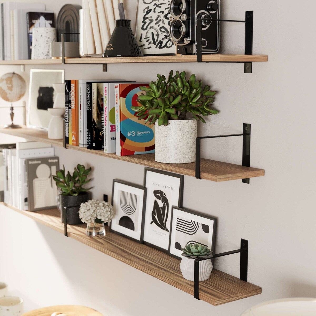 Wallniture Toledo 60"x6" Floating Bookshelves for Wall, Book Shelves for Living Room, Wooden Shelves for Wall, Set of 3, Burnt