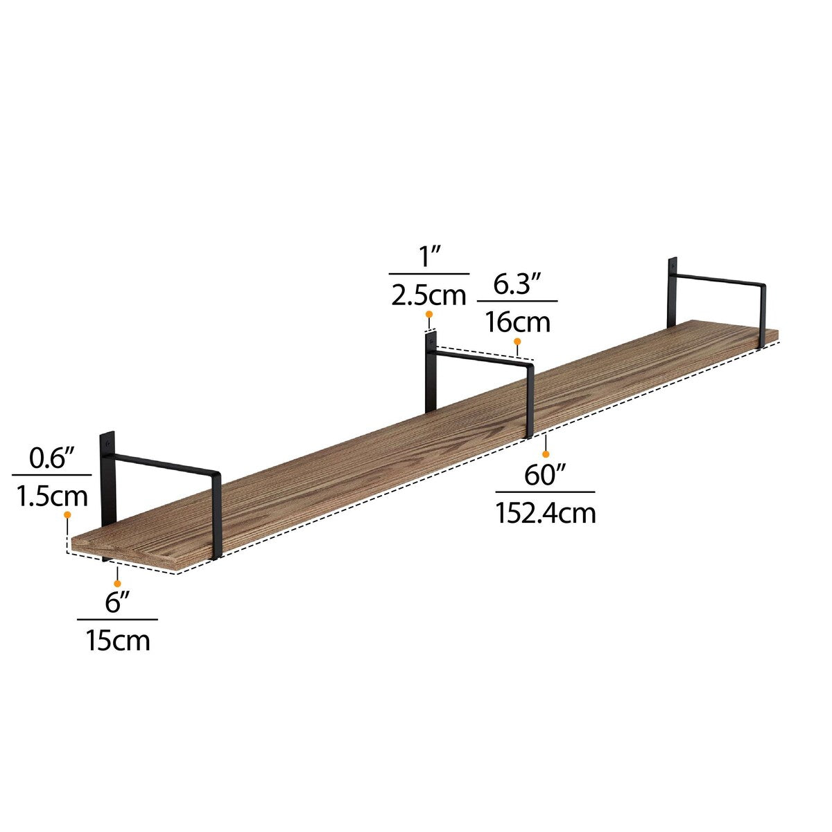 Wallniture Toledo 60"x6" Floating Bookshelves for Wall, Book Shelves for Living Room, Wooden Shelves for Wall, Set of 3, Burnt