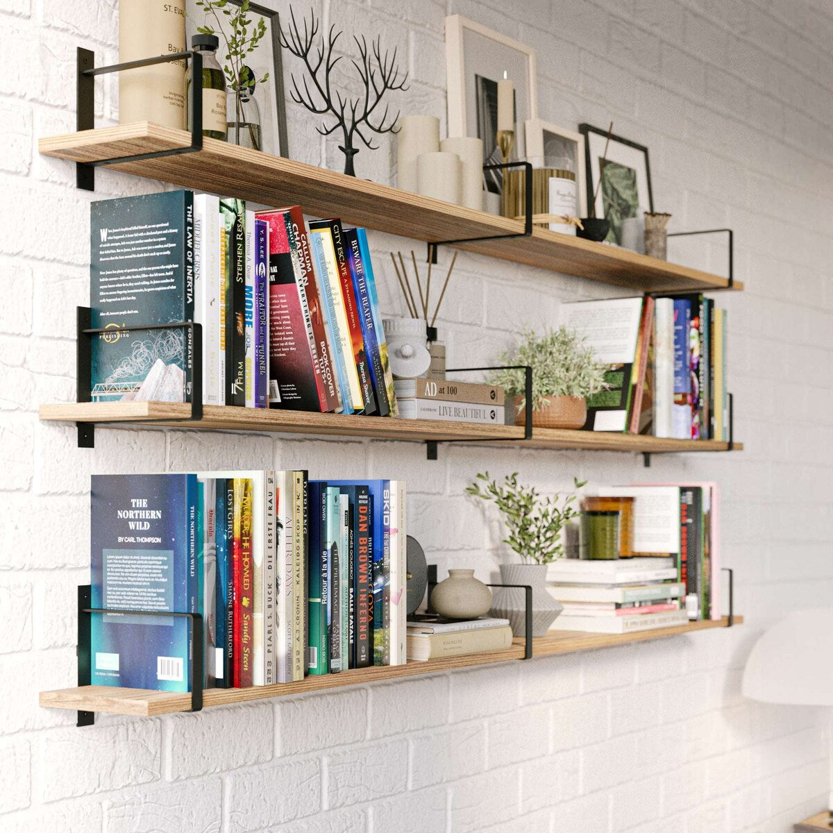 Wallniture Toledo 60"x6" Floating Bookshelves for Wall, Book Shelves for Living Room, Wooden Shelves for Wall, Set of 3, Burnt