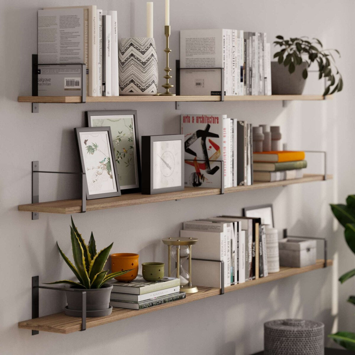 Wallniture Toledo 60"x6" Floating Bookshelves for Wall, Book Shelves for Living Room, Wooden Shelves for Wall, Set of 3, Burnt