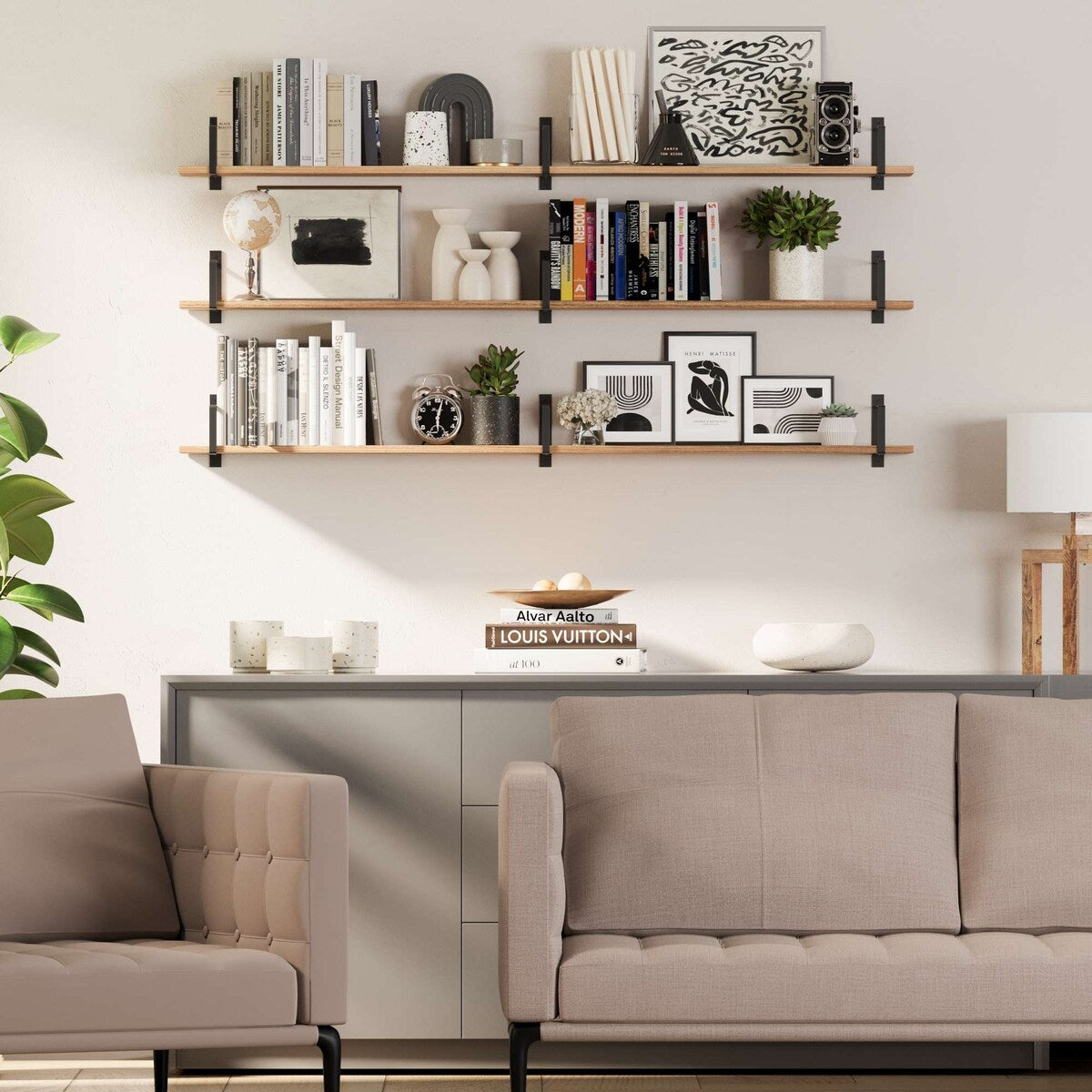 Wallniture Toledo 60"x6" Floating Bookshelves for Wall, Book Shelves for Living Room, Wooden Shelves for Wall, Set of 3, Burnt