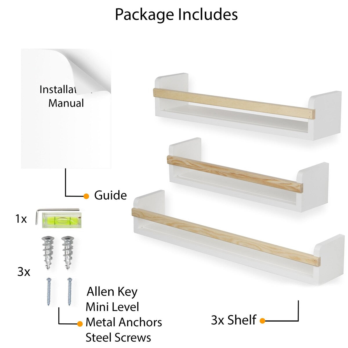 Wallniture Utah Wood Wall Shelves Kids Bookshelf Set of 3 Toy Storage - White