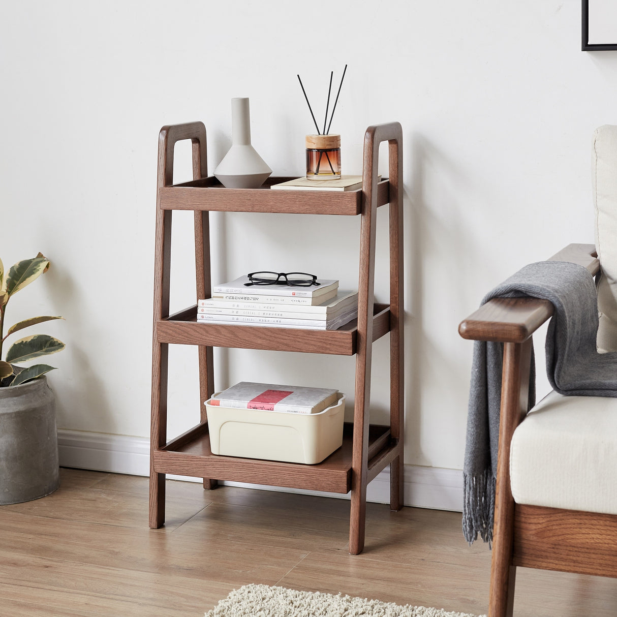 Walnut Finished Oak Wood Storage Ladder Shelf