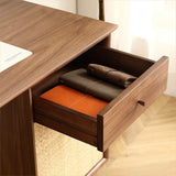 Walnut Desk with Natural Rattan Net Large Home Office Workstation with Storage