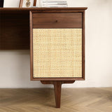 Walnut Desk with Natural Rattan Net Large Home Office Workstation with Storage