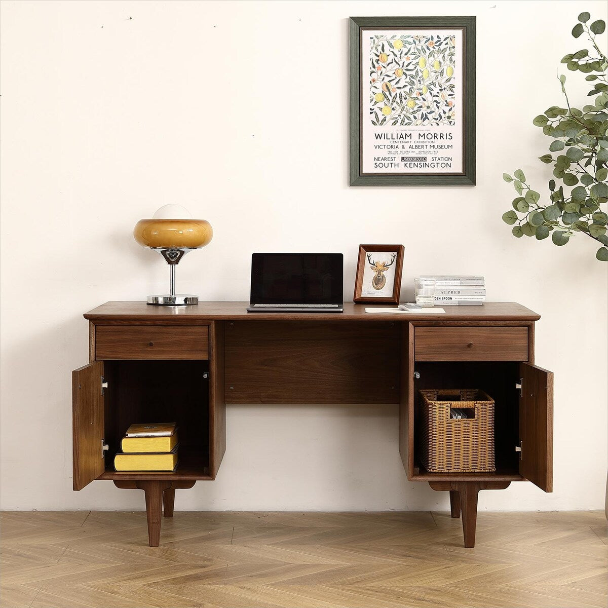 Walnut Desk with Natural Rattan Net Large Home Office Workstation with Storage