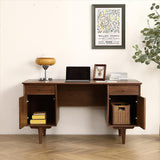 Walnut Desk with Natural Rattan Net Large Home Office Workstation with Storage