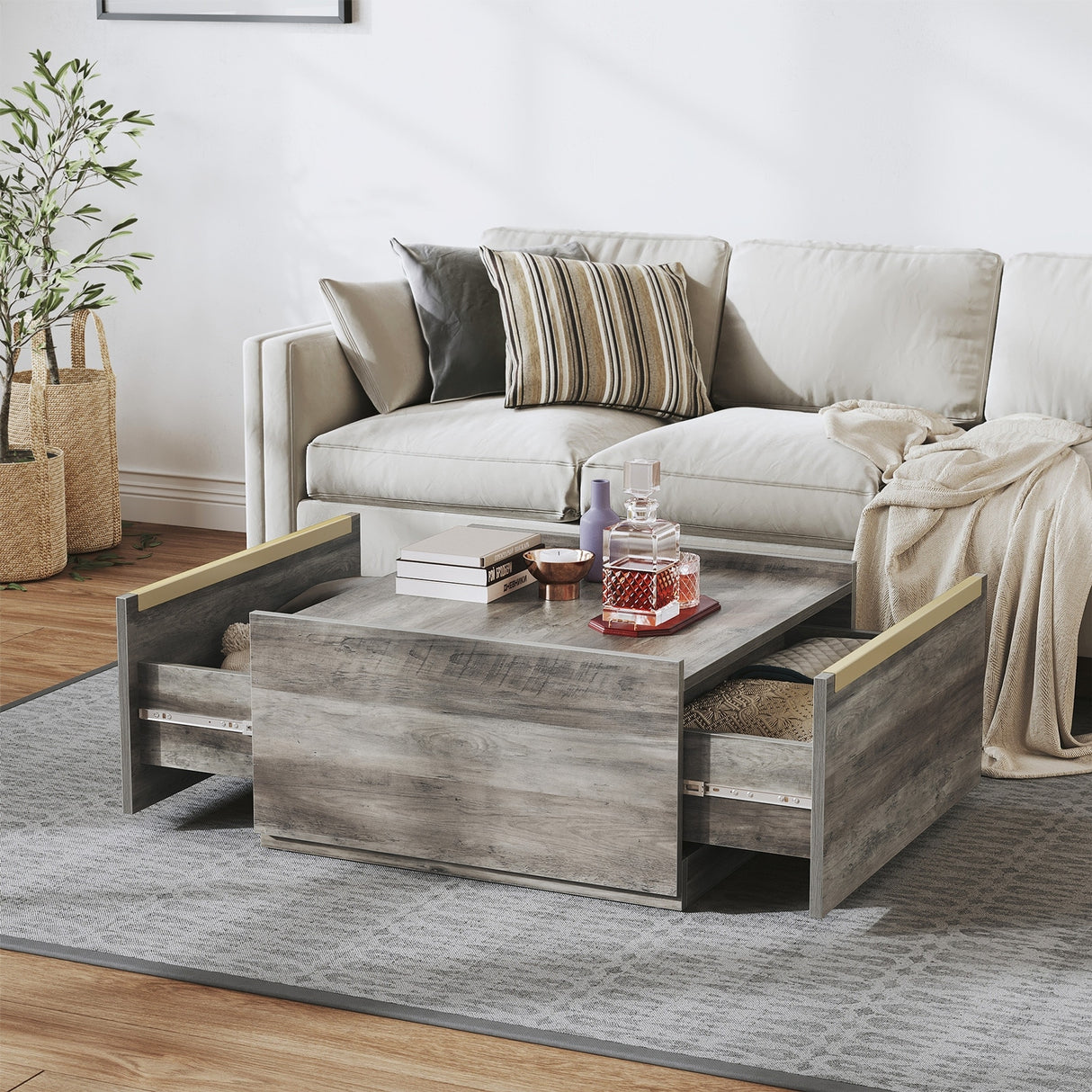 Walnut Square Coffee Table Sofa table with 2 Drawers