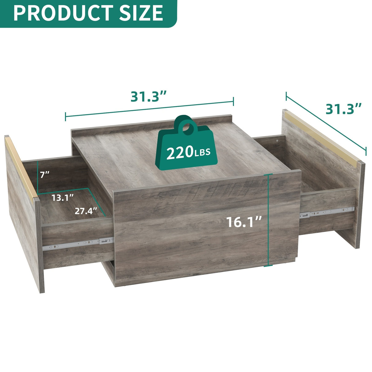 Walnut Square Coffee Table Sofa table with 2 Drawers