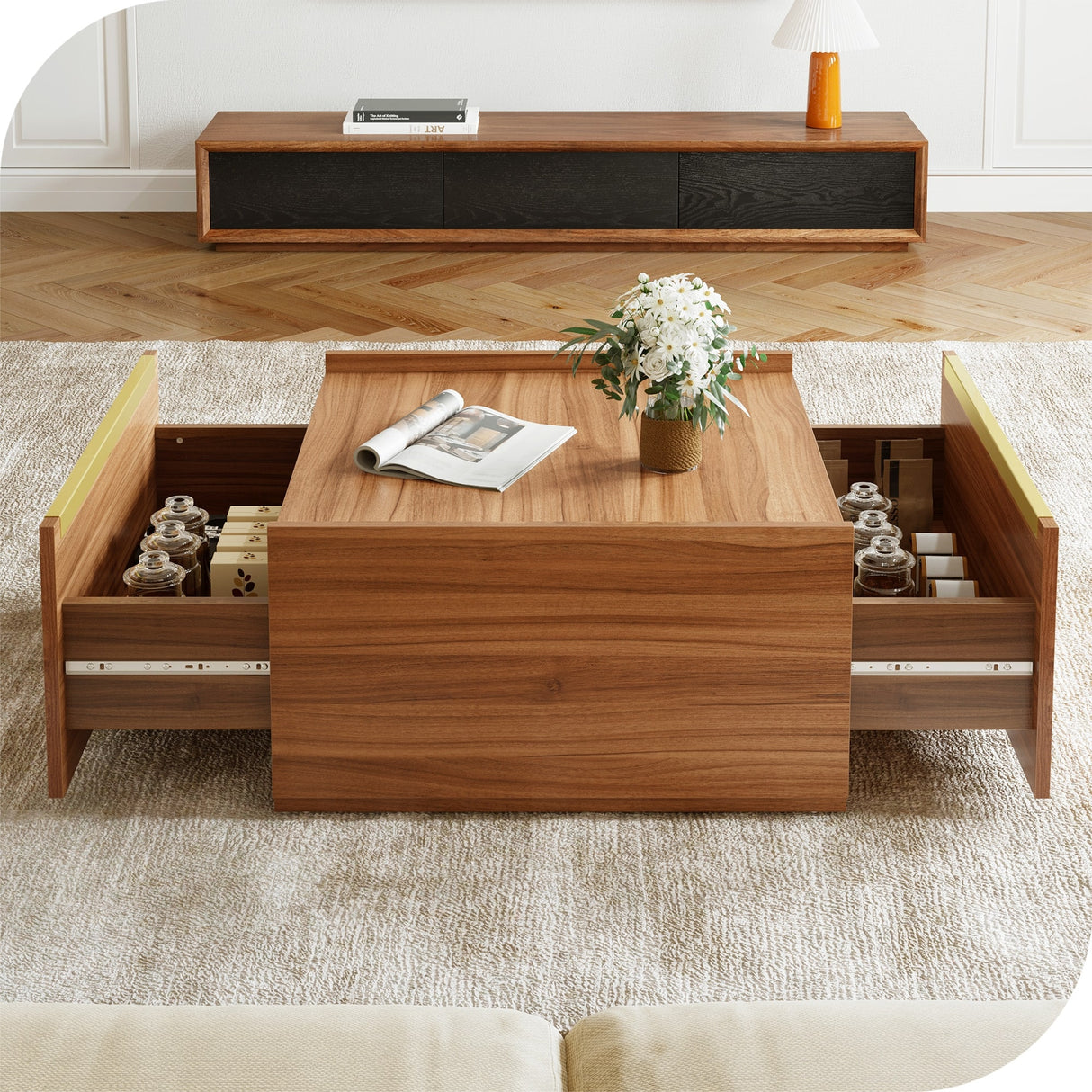Walnut Square Coffee Table Sofa table with 2 Drawers