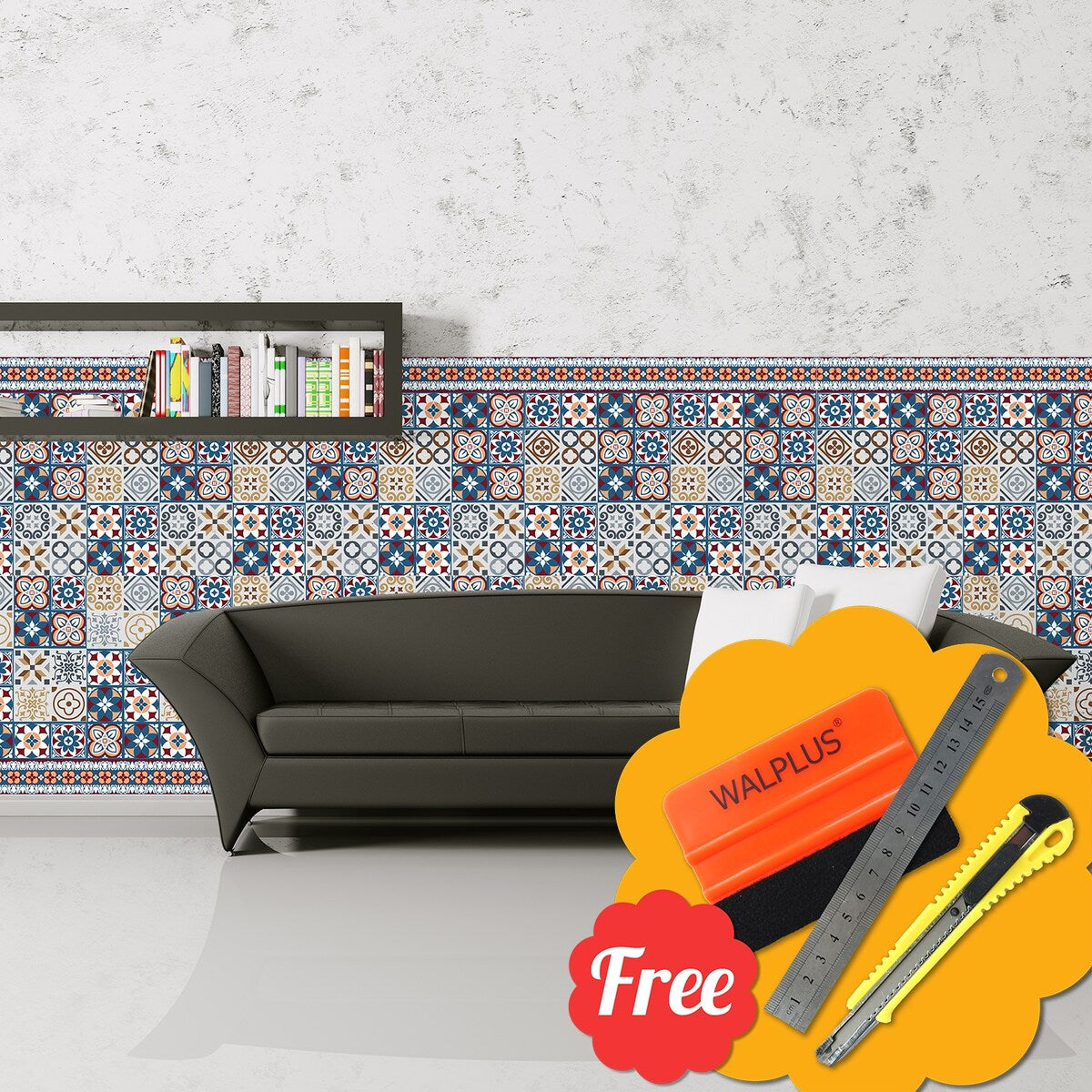 Walplus Azulejo Skirting Wall Tile Stickers Peel and Stick 24pcs 8"x8