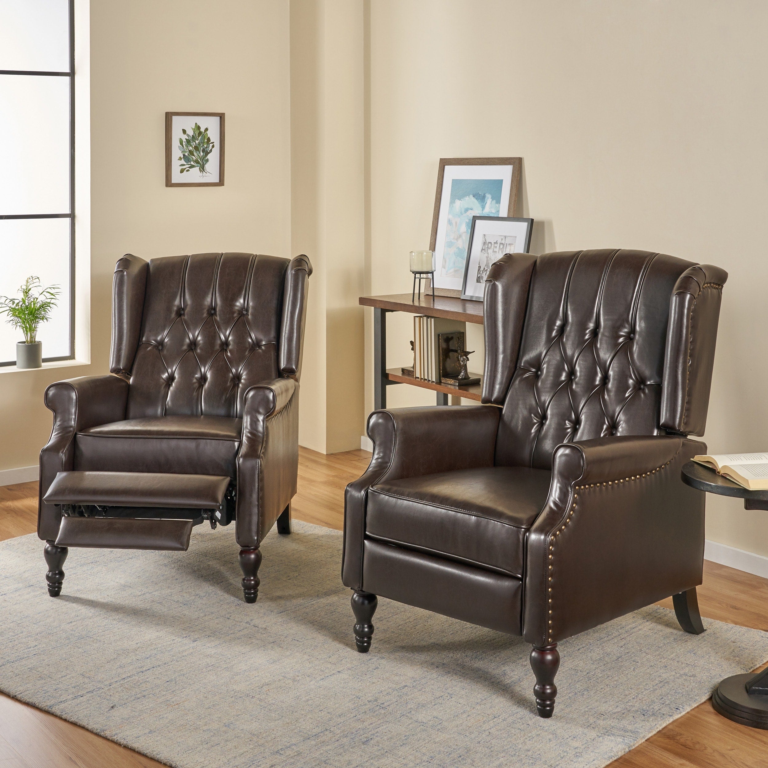 Walter Classic Tufted Bonded Leather Recliner Set 2 Piece with Nailhead Trim by Christopher Knight Home