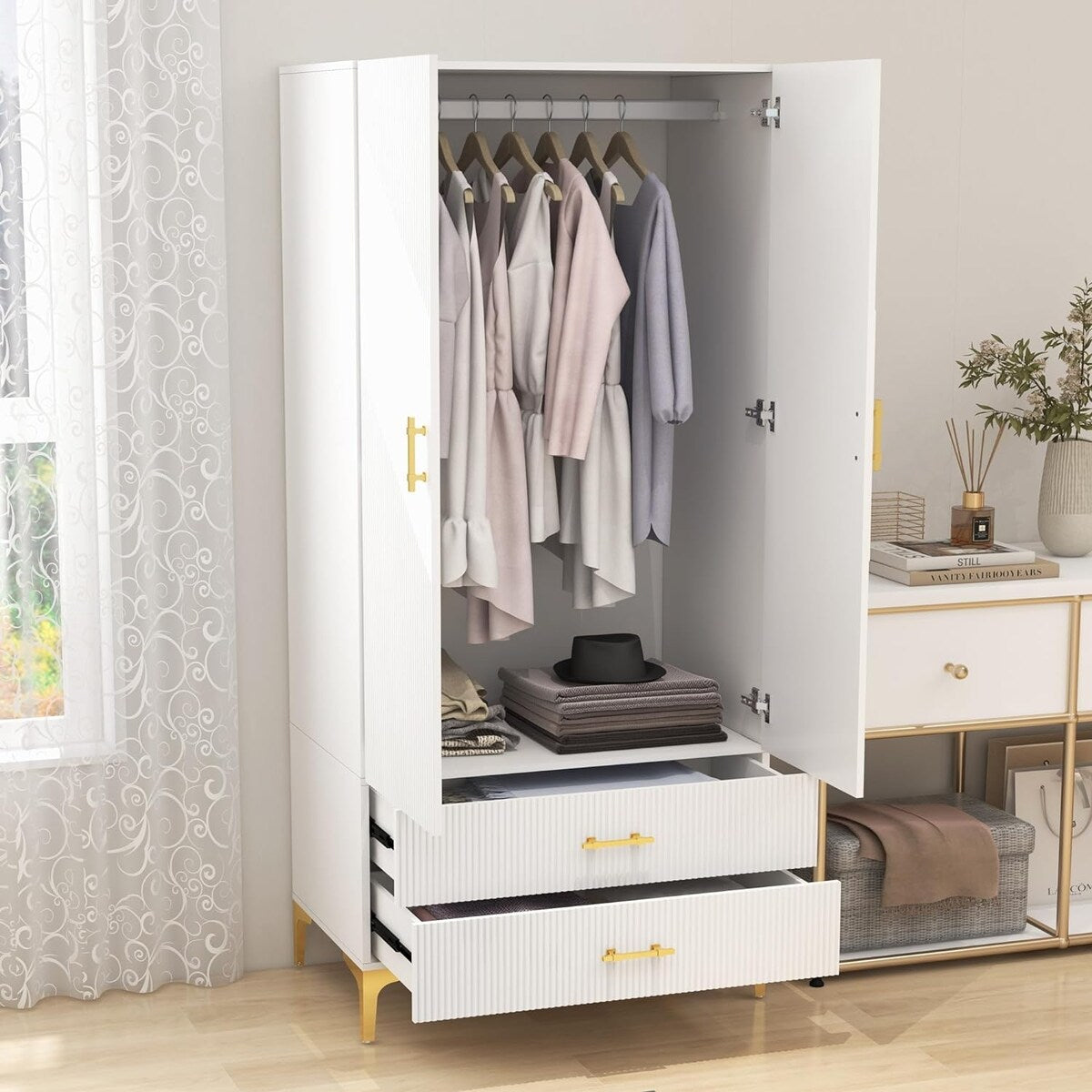 Wardrobe Armoire Closet with Drawers for Hanging Clothes