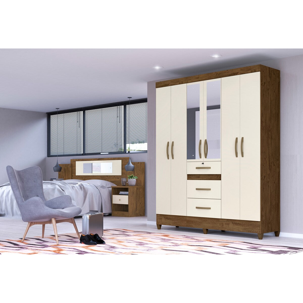 Wardrobe Itatiba Brown/Off White And Mirror Legs Lock