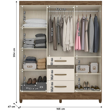 Wardrobe Itatiba Brown/Off White And Mirror Legs Lock