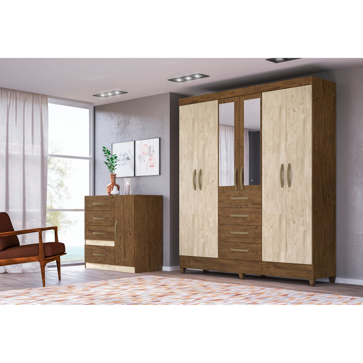 Wardrobe New Avai Brown/Hazelnut And Mirror Legs