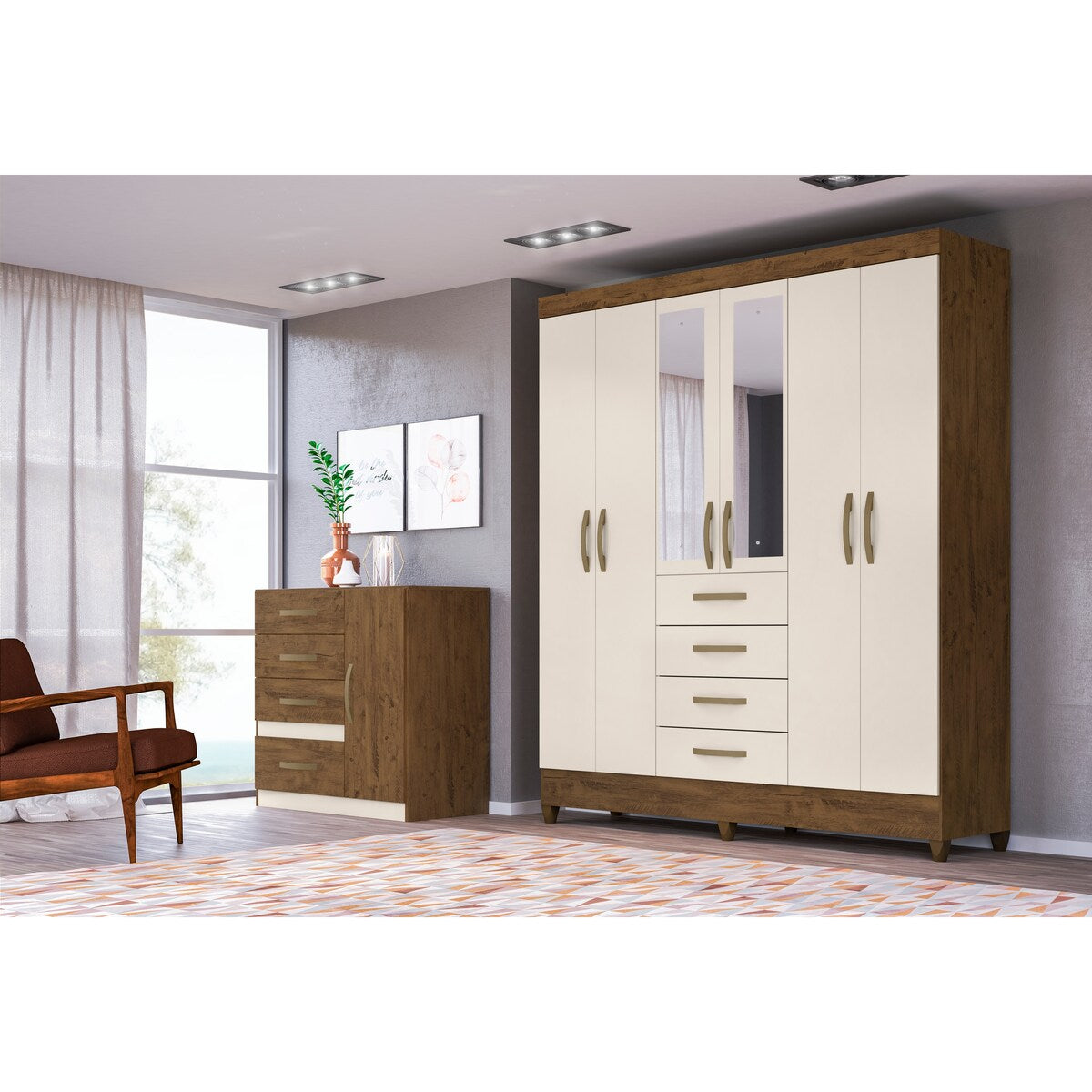 Wardrobe New Avai Brown/Hazelnut And Mirror Legs