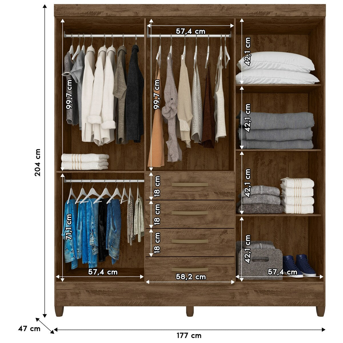 Wardrobe New Avai Brown/Hazelnut And Mirror Legs