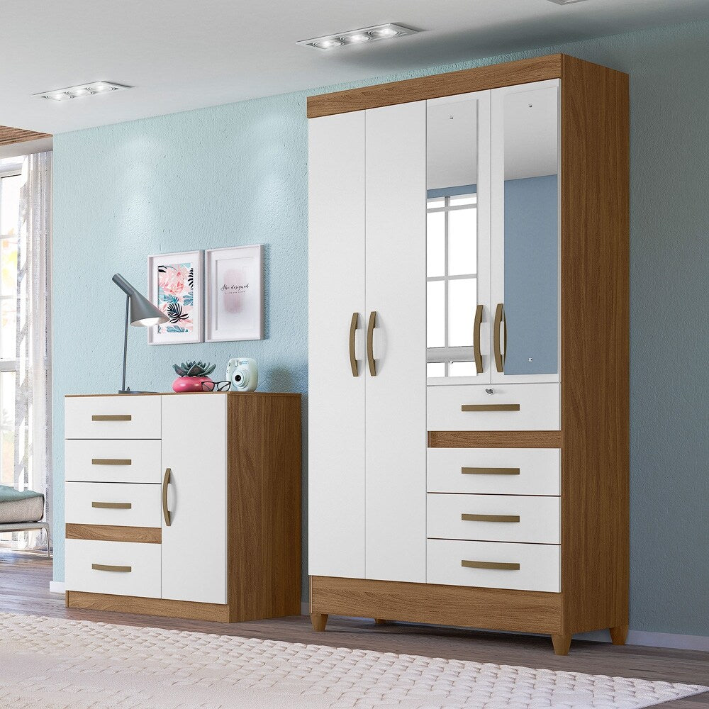 Wardrobe Sobral Naturale/White and  Mirror Legs and Lock