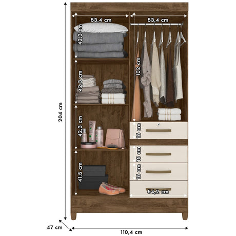 Wardrobe Sobral Naturale/White and  Mirror Legs and Lock
