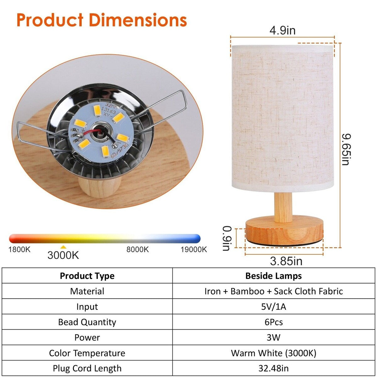 Warm White Fabric Table Lamp for Bedroom