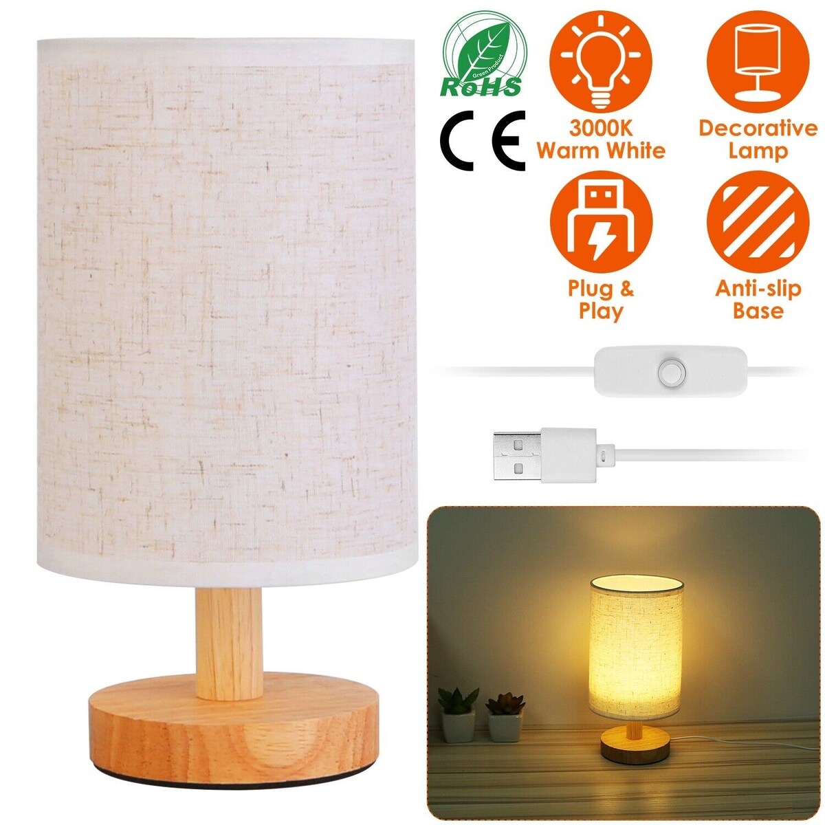 Warm White Fabric Table Lamp for Bedroom