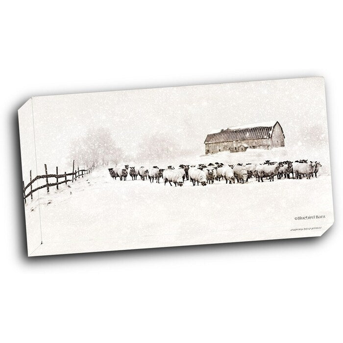 Warm Winter Barn with Sheep Herd 24x12 Gallery Wrapped Stretched Canvas