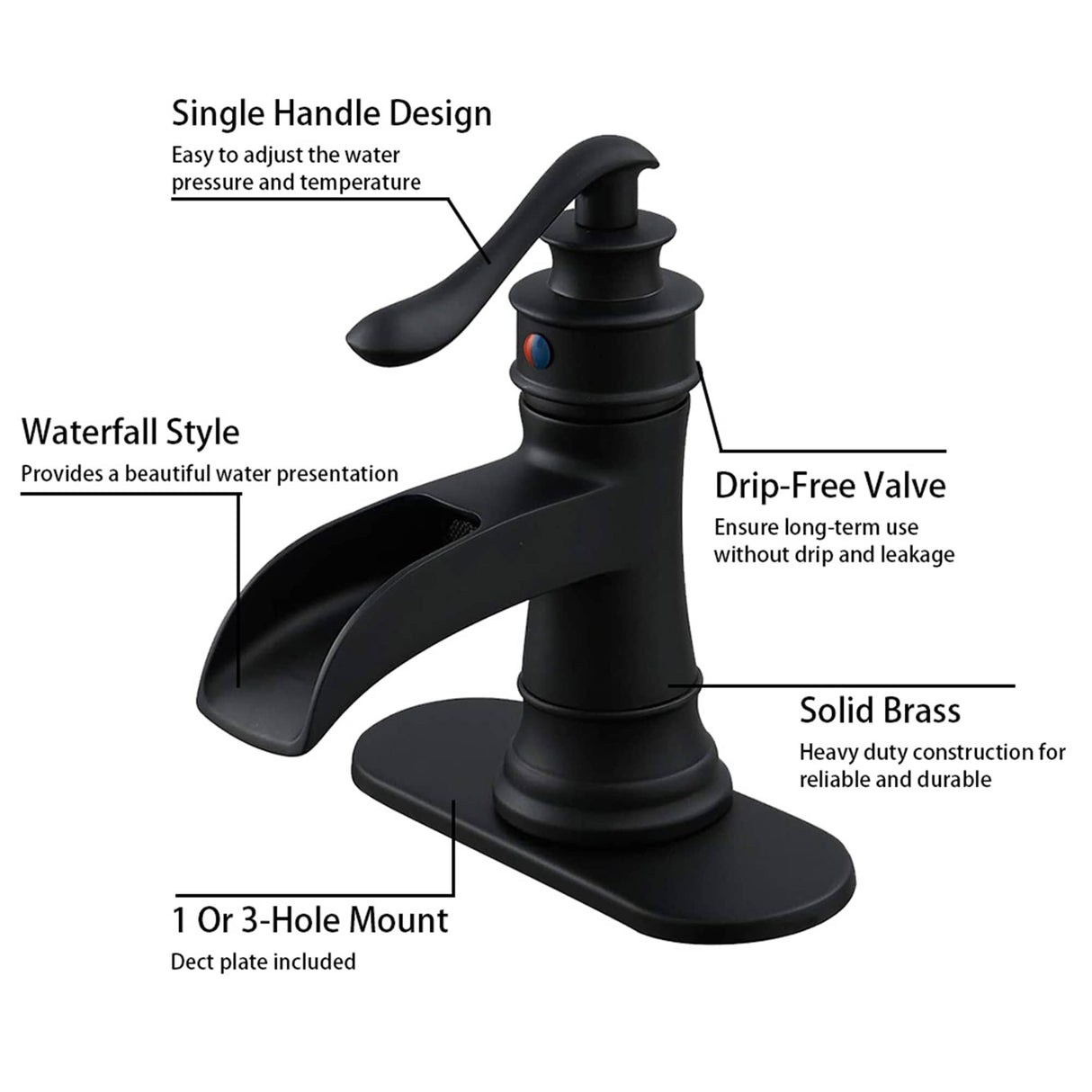 Waterfall Bathroom Faucet With Drain Assembly Single Handle Bathroon Sink Faucets One Hole Modern Basin Taps With Deck Plate
