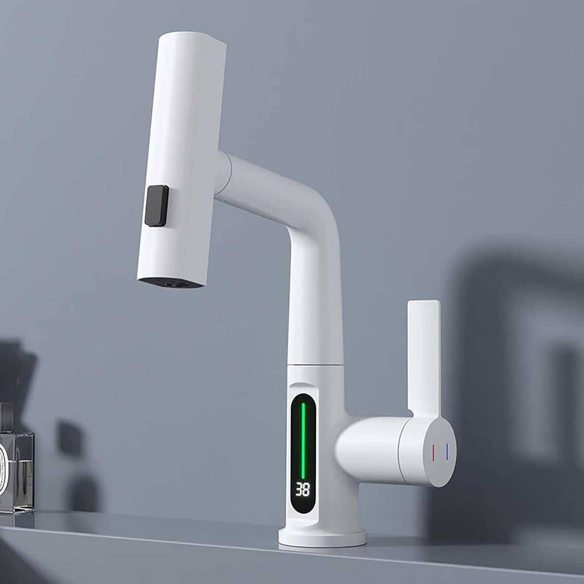Waterfall Bathroom Faucets with Pull Down Sprayer, Modern Pull Out Bathroom Sink Faucet with Digital Temperature Display