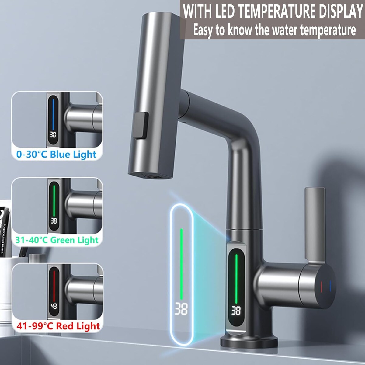 Waterfall Bathroom Faucets with Pull Down Sprayer, Modern Pull Out Bathroom Sink Faucet with Digital Temperature Display