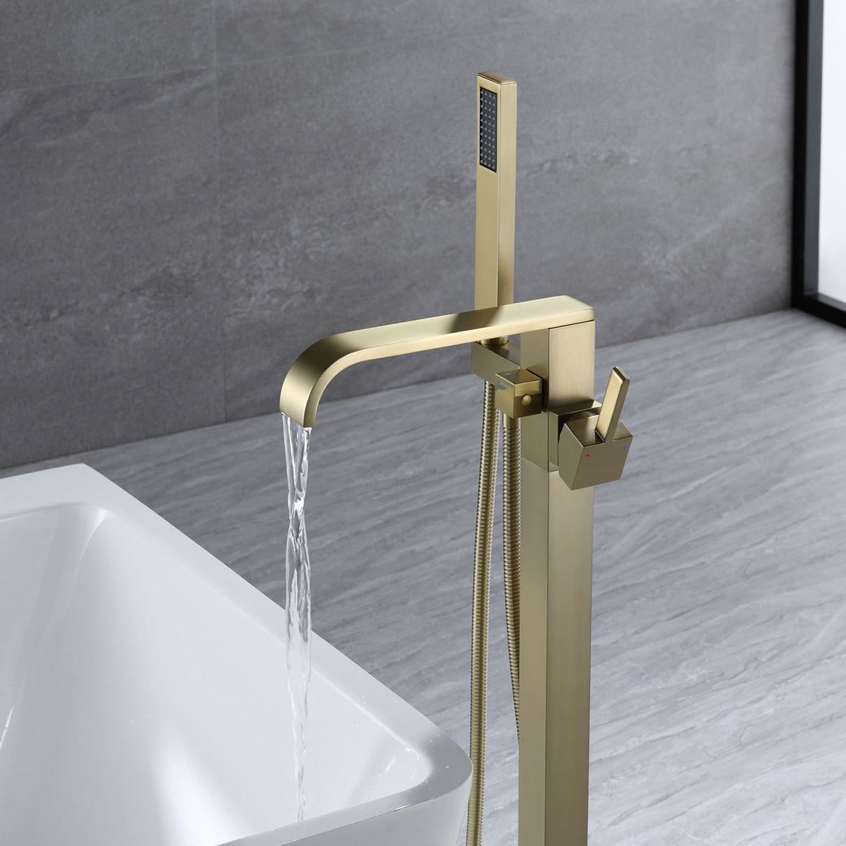Waterfall Double Handles Freestanding Floor Mounted Tub Faucet With Hand Shower