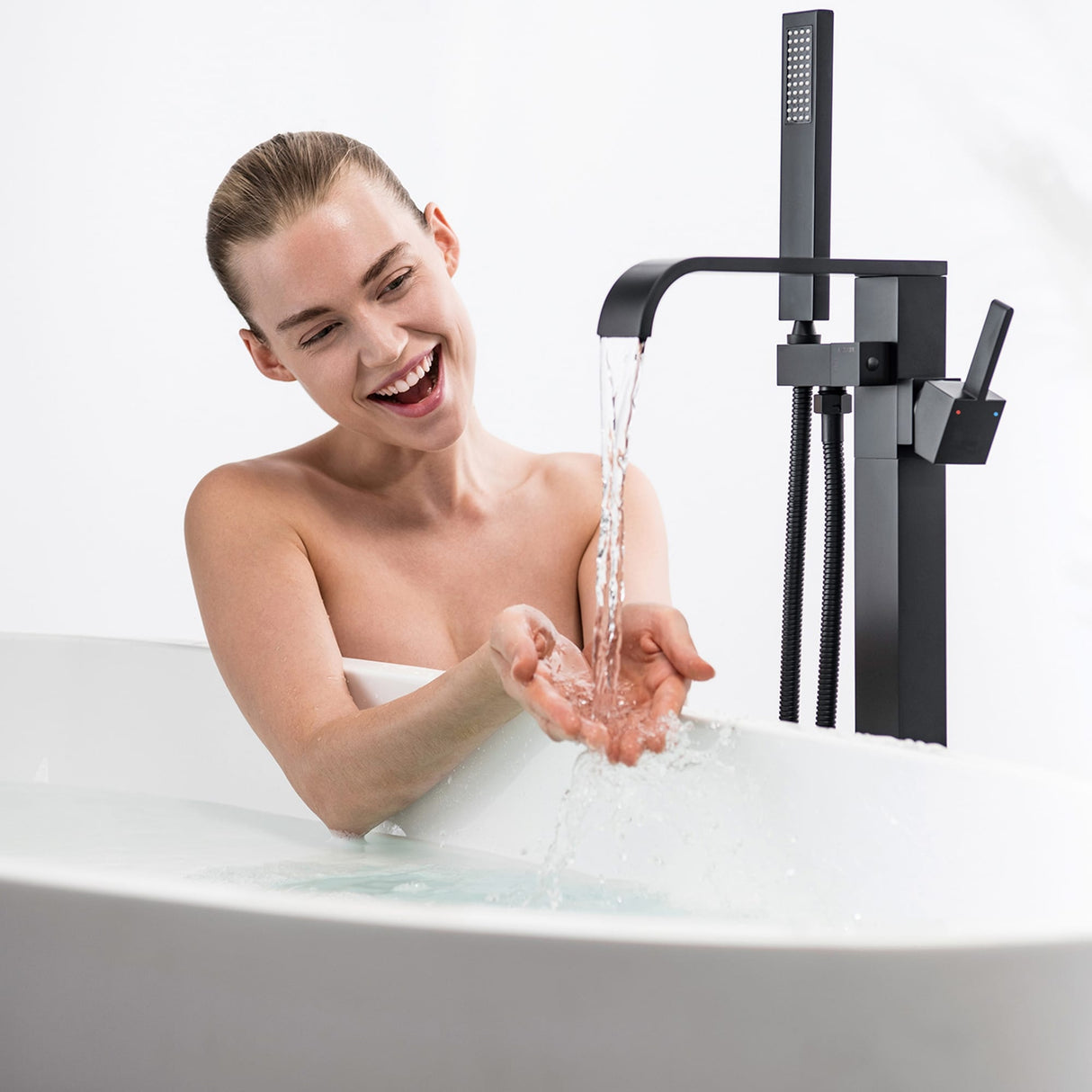 Waterfall Double Handles Freestanding Floor Mounted Tub Faucet With Hand Shower