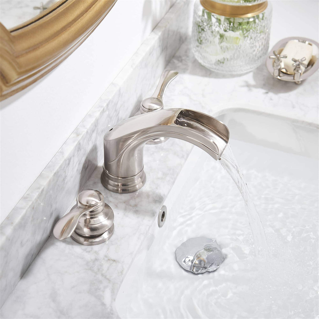 Waterfall Widespread Bathroom Faucet Double Hanlde 8 Inch Bathroom Sink Faucets 3 Hole Modern Basin Vanity Mixer Tap With Valve