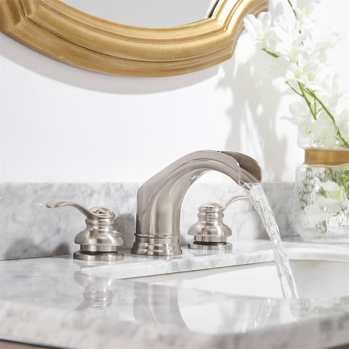 Waterfall Widespread Bathroom Faucet Double Hanlde 8 Inch Bathroom Sink Faucets 3 Hole Modern Basin Vanity Mixer Tap With Valve