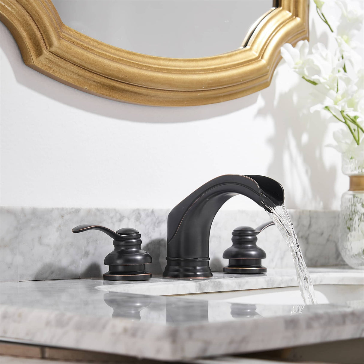 Waterfall Widespread Bathroom Faucet Double Hanlde 8 Inch Bathroom Sink Faucets 3 Hole Modern Basin Vanity Mixer Tap With Valve