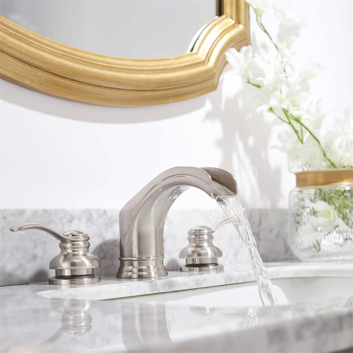 Waterfall Widespread Bathroom Faucet Double Hanlde 8 Inch Bathroom Sink Faucets 3 Hole Modern Basin Vanity Mixer Tap With Valve