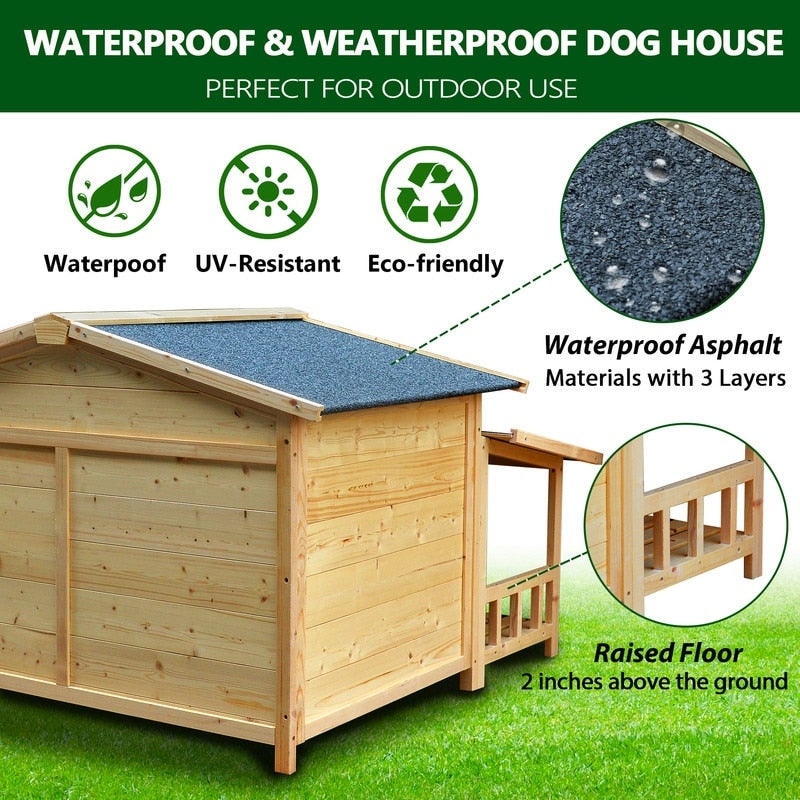 Waterproof Dog Houses for Small Medium Large Dogs Outdoor & Indoor, Wooden Puppy Shelter Large Doghouse with Porch